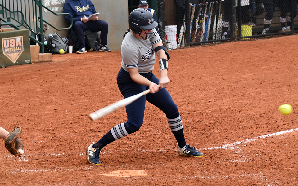 Junior outfielder Sage Snyder swings in a game versus No. 11 Bethel (Minn.) University at the 2024 NFCA Division III Leadoff Classic in Columbus, Georgia. Photo by Morgan Mercier