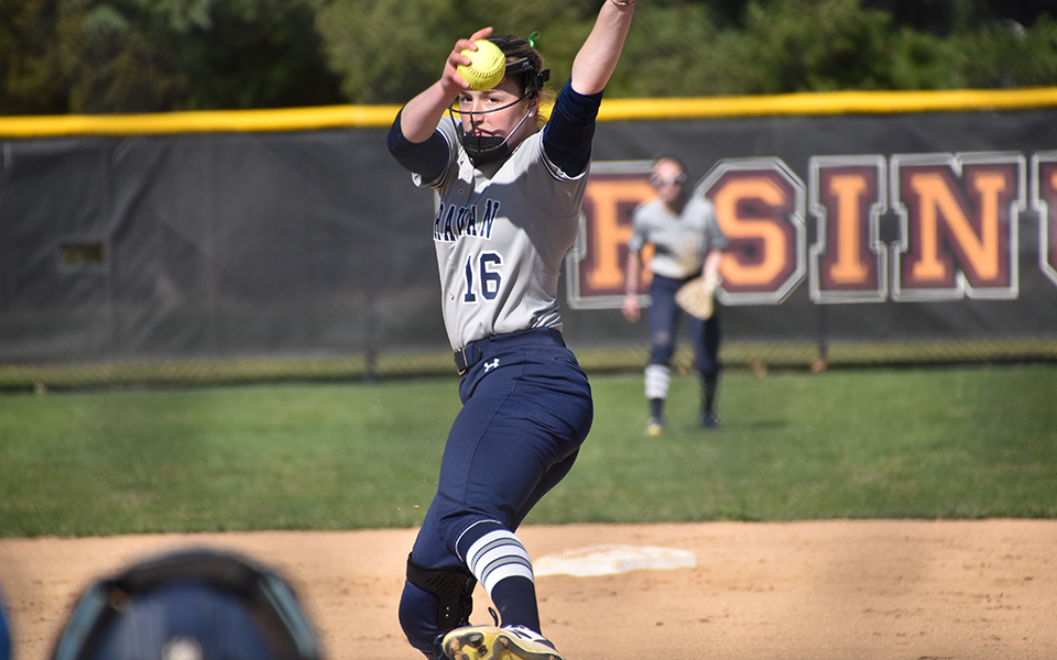 Sophomore Sarah DeStefano delivers a pitch to the plate at Ursinus College. Photo by Christine Fox
