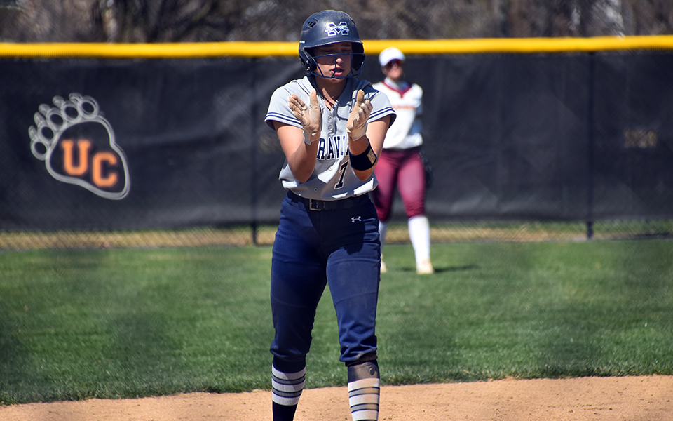 Junior shortstop Holly Walter at third base after a triple in a non-conference game at Ursinus College earlier this season. Photo by Christine Fox