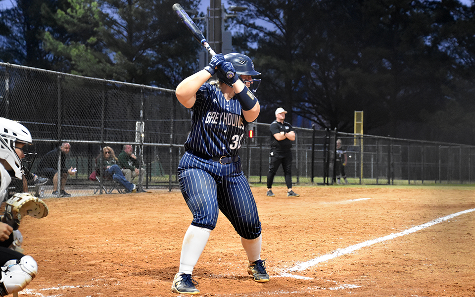 Sophomore catcher Marcie Silberman in the batter's box before connecting on a home run in the Greyhounds win over Illinois Wesleyan University at the 2024 NFCA Division III Leadoff Classic in Georgia. Photo by Morgan Mercier
