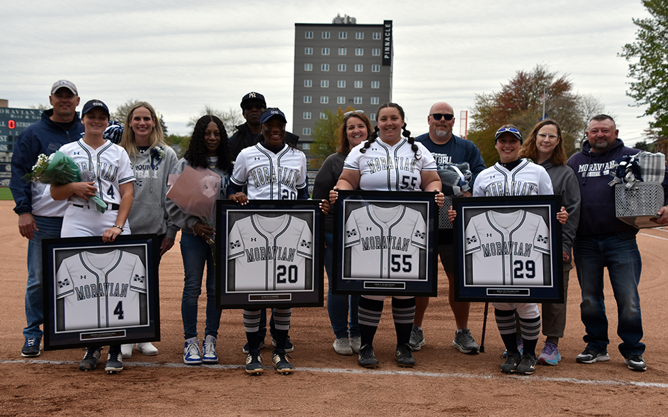 The Greyhound softball seniors and their families were honored at Blue & Grey Field before Moravian swept The University of Scranton. Photo by Marissa Williams '26