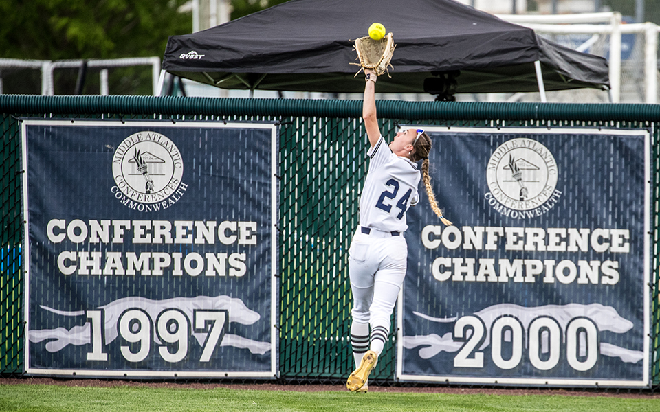 Freshman center fielder Shayla Morgan makes a running catch versus The Catholic University of America during the winner's bracket game of the 2024 Landmark Conference Softball Tournament at Blue & Grey Field. Photo by Cosmic Fox Media / Matthew Levine '11