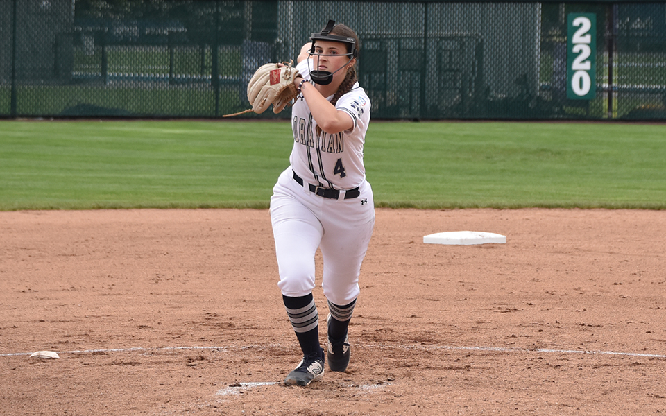 Senior Madi Cunningham delivers a pitch versus Penn College in the opening game of the NCAA Division III Bethlehem, Pennsylvania Regional at Blue & Grey Field. Photo by Christian Beebe '24