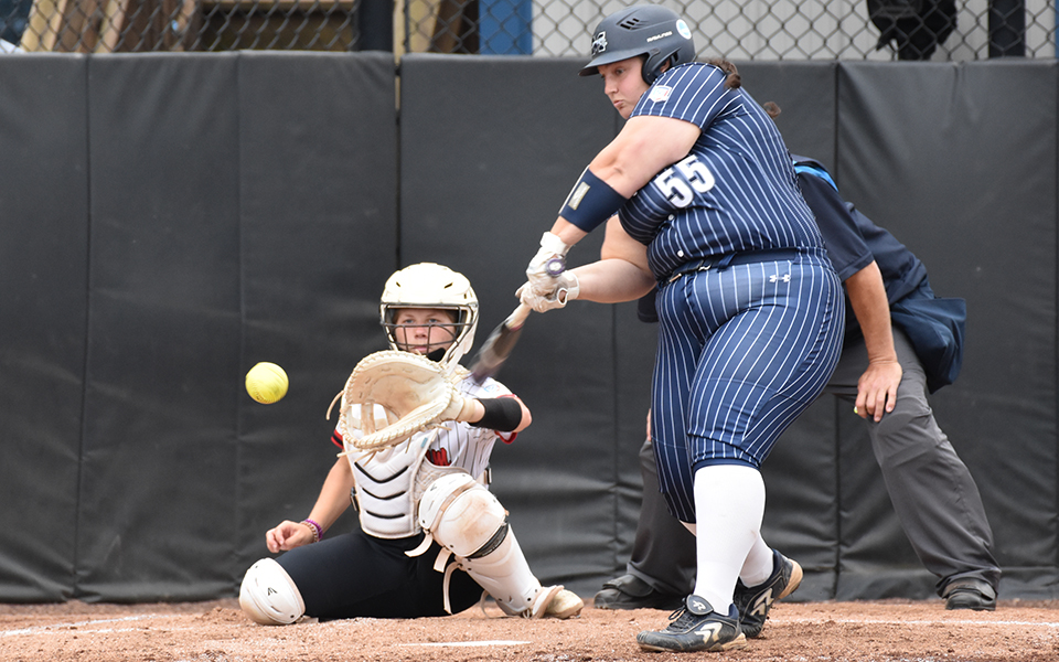 Senior designated player Emily Silberman connects on a hit versus Muskingum College, the final hit of her career, in the 2024 NCAA Division III Bethlehem, Pa. Regional at Blue & Grey Field. Silberman finished her career with 147 career hits, ranking 22nd in program history. Photo by Ryan Latchford '27