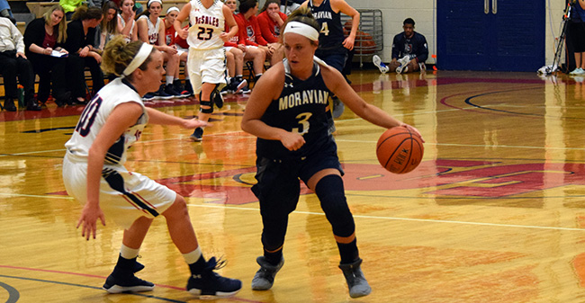 Maddie Capuano '20 drives towards the basket at DeSales University.