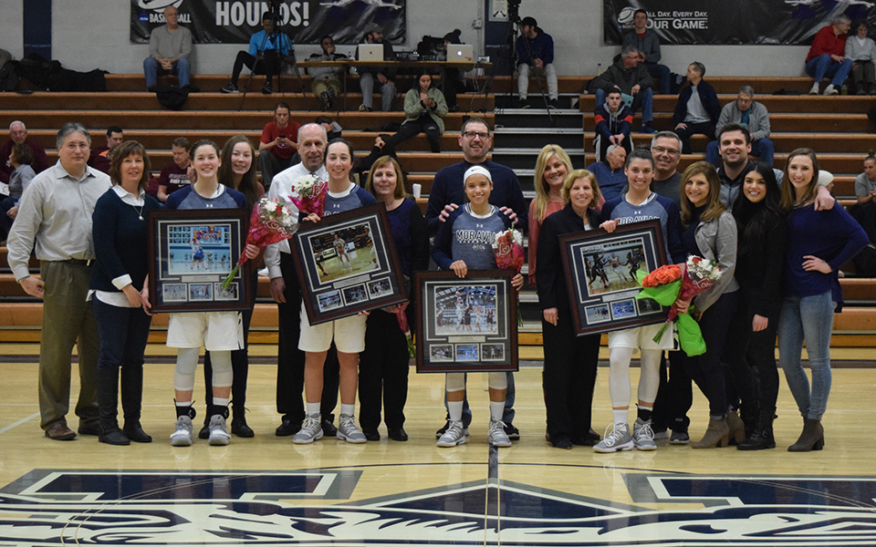 Moravian College honored women's basketball seniors Ariana Caiati, Caitlin Flanagan, Tyis Mullen and Emily Walls before the Greyhounds' game versus Susquehanna University in Johnston Hall.