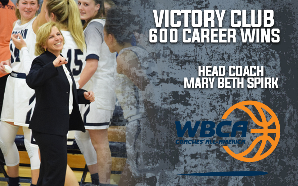 Mary Beth Spirk honored with Women's Basketball Coaches Association Victory Club for 600th career win.