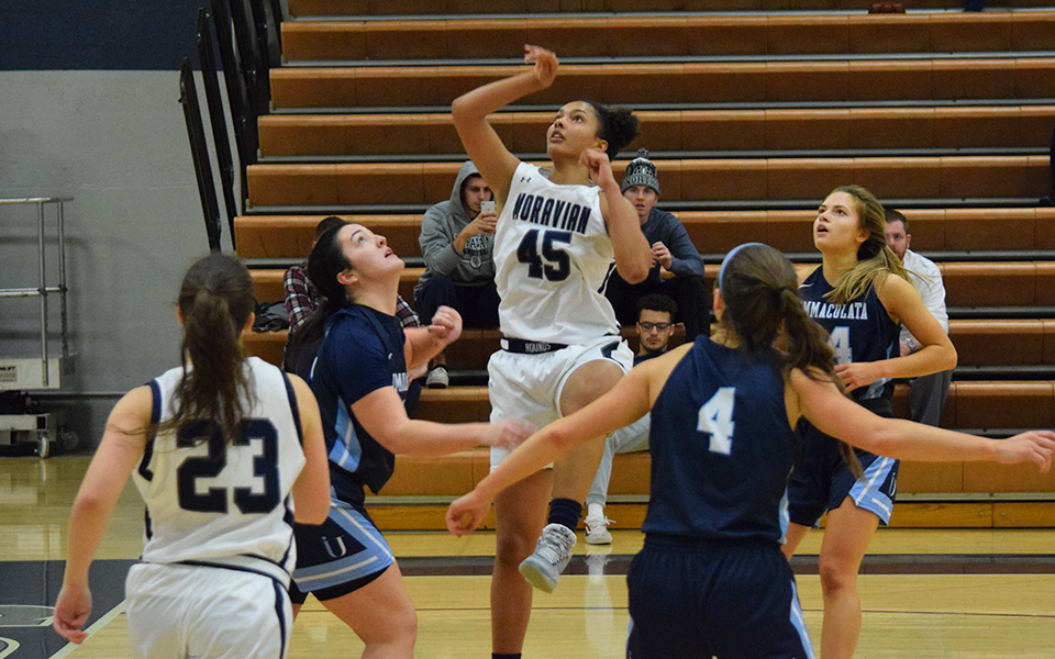 Senior Nadine Ewald puts up a lay-up in the first half versus Immaculata University in Johnston Hall.