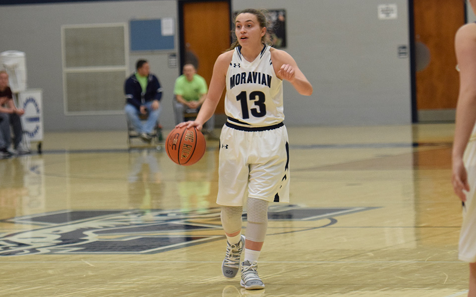 Brooke Santy dribbles up court during the second half of a game versus Susquehanna University in Johnston Hall during the 2018-19 season.