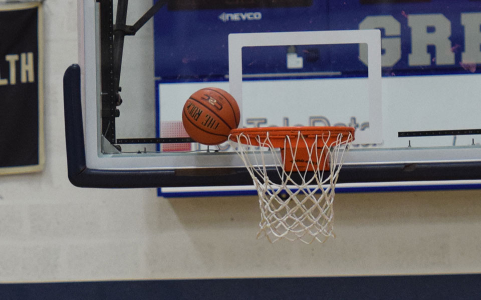 A shot heads into the basket during the Greyhounds game versus Juniata College in Johnston Hall during the Landmark Conference Play-In game on March 2.
