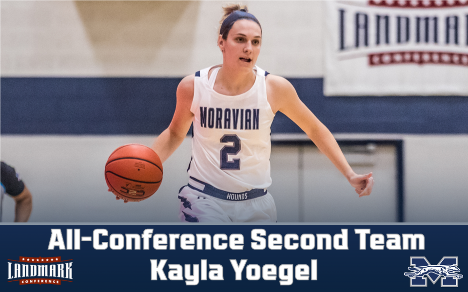 Kayla Yoegel dribbling up the court in Johnston hall for her Landmark All-Conference graphic