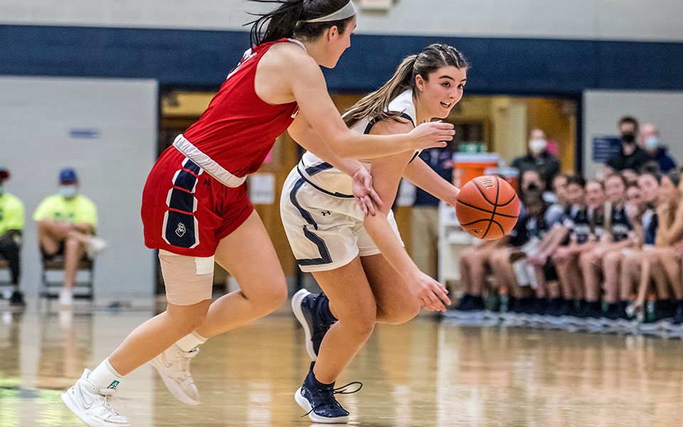 Freshman forward Brielle Guarente drives towards the basket during the first half in a game versus DeSales University in Johnston Hall earlier this season. Photo by Cosmic Fox Media / Matthew Levine '11