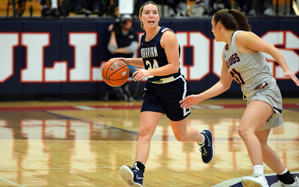 Senior guard Morgan Amy looks to set up the offense in the first quarter at DeSales University.