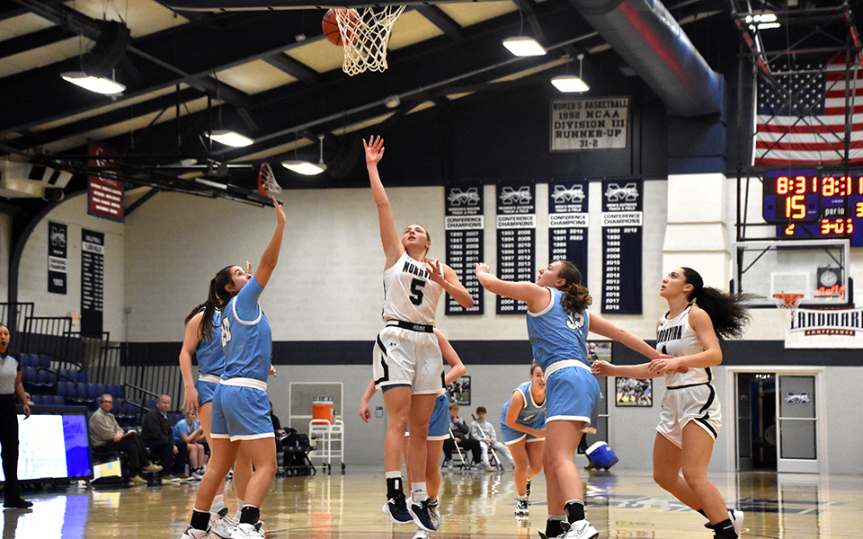 Senior forward Emily Markowski scores on a lay-up in the third quarter versus Immaculata University in Johnston Hall. Photo by Mairi West '23
