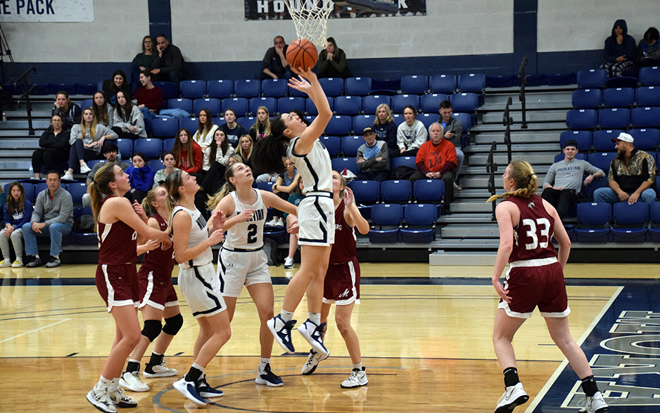 Junior forward Sam Osorio goes up for two of her career-high 23 points versus rival Muhlenberg College in Johnston Hall. Photo by Christian Jancsarics '23