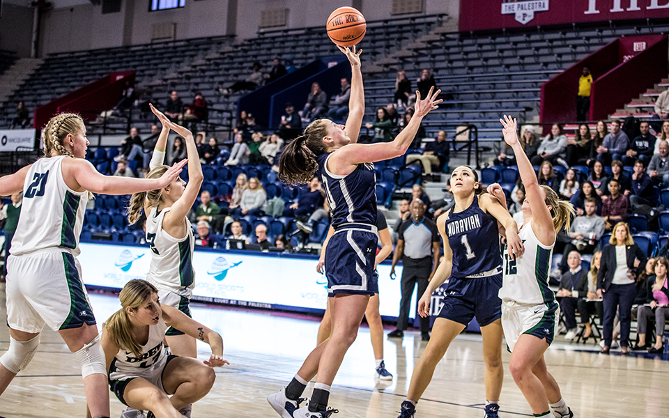 Graduate student forward Tessa Zamolyi goes up for two points in the second half versus Drew University at The Palestra. Photo by Cosmic Fox Media / Matthew Levine '11