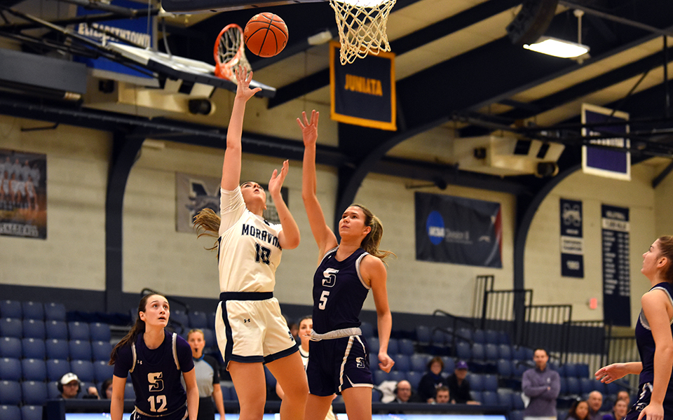 Junior forward Brielle Guarente puts up a lay-up in the second half versus No. 9 The University of Scranton in Johnston Hall. Photo by Jordyn Itterly '25