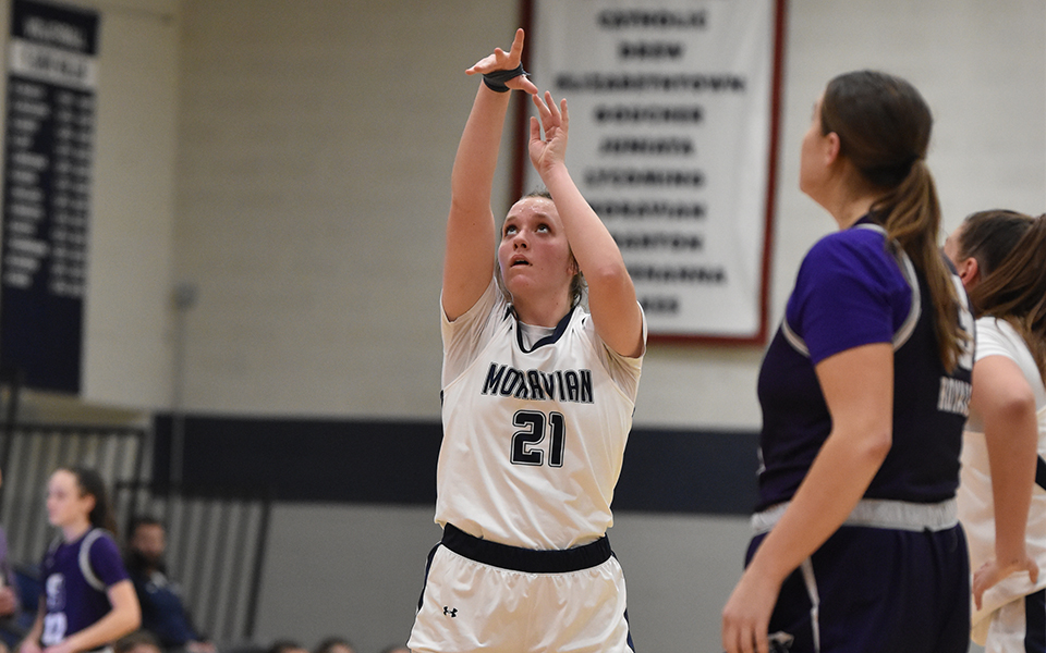 Freshman center Grace Steffen shoots a free throw in the second half of a game versus The University of Scranton in Johnston Hall earlier this season. Photo by Jordyn Itterly '25