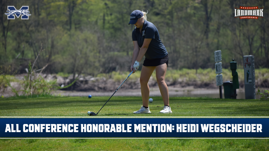 Heidi Wegscheider tees off in the second round of the Landmark Conference Tournament in All-Conference graphic