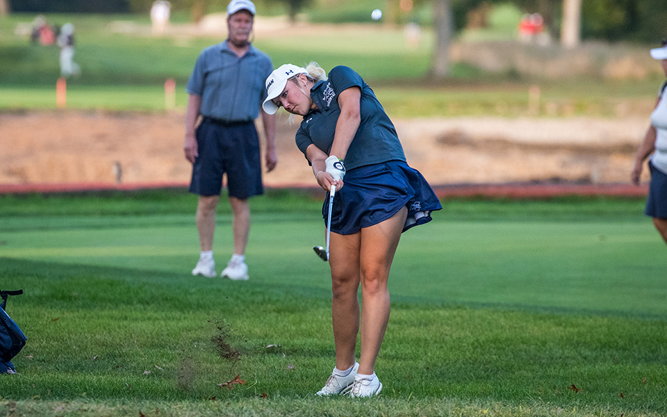 Sophomore Hedi Wegscheider hits a shot during the Moravian Weyhill Classic at the Saucon Valley Country Club earlier this season. Photo by Cosmic Fox Media / Matthew Levine '11