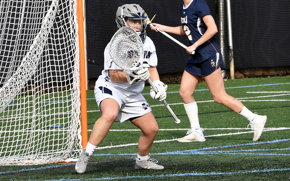 Junior goalie Brelyn Friedman made a career-high 18 saves in the Greyhounds' match versus No. 8 The College of New Jersey on John Makuvek Field. Photo by Marissa Werner '23