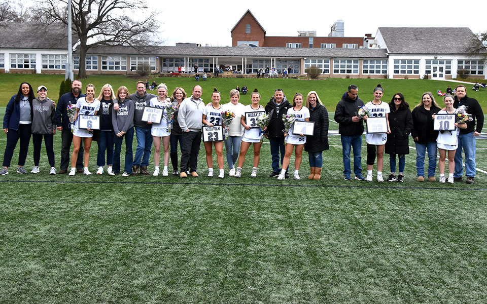 Moravian honored its seven seniors Jamie Bader, Samantha Cherenson, Eliza Fantazzi, Kelsey Moore, Meghan Moore, Eirean Perst and Lindsey Strohl prior to the Greyhounds' match with Goucher College on John Makuvek Field. Photo by Marissa Werner '23
