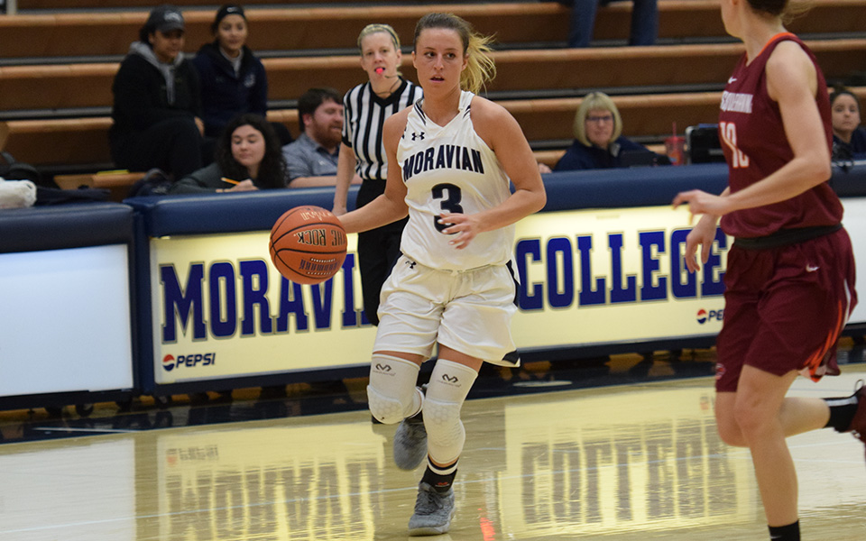 Maddie Capuano dribbles up the court during the secnd half of a game versus Susquehanna University in Johnston Hall during the 2018-19 season.