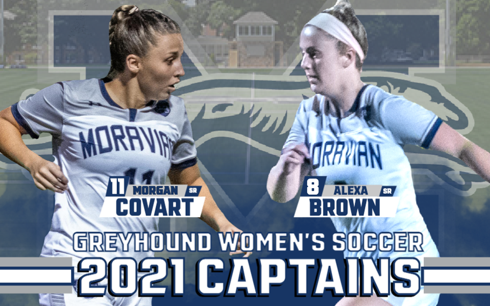 Cutouts of Morgan Covart and Alexa Brown as Moravian women's soccer captains