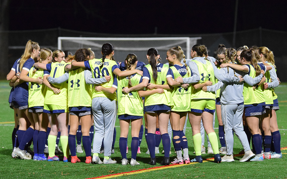 The Greyhounds huddle before the start of the 2024 Landmark Conference Semifinal match at Lycoming College. Photo by Christine Fox