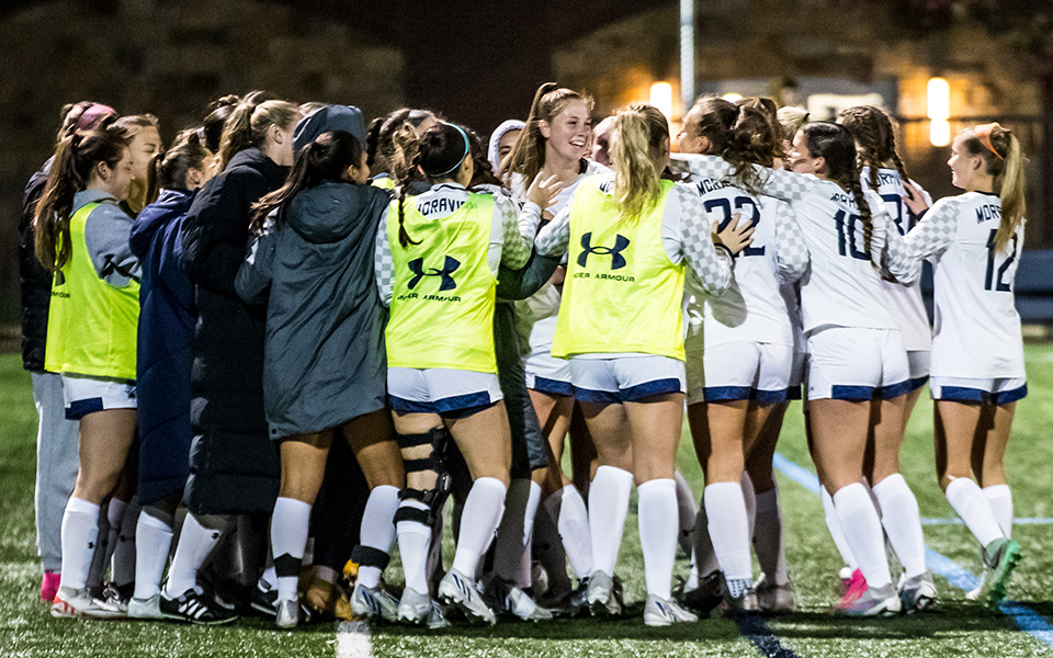 The Greyhounds celebrate a goal versus Elizabethtown College in the 2023 Landmark Conference Tournament First Round match on John Makuvek Field. Photo by Cosmic Fox Media / Matthew Levine '11