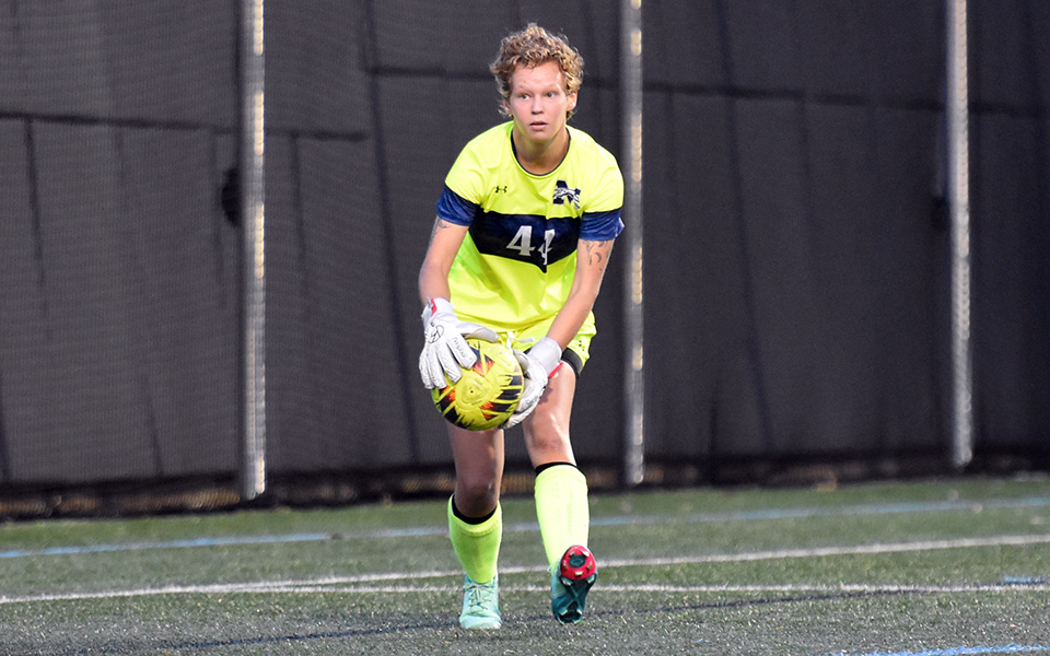 Graduate student goalie Riley Spingler makes a save versus Rutgers-Newark on John Makuvek Field this season. Photo by Marissa Williams '26