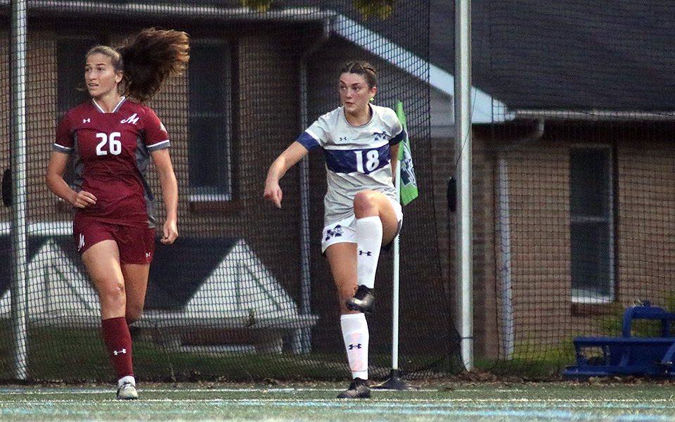 Senior midfielder Chelsea Meltzer follows through on a shot that ended up in the net for her first goal of 2024 versus rival Muhlenberg College on John Makuvek Field. Photo by Lia Logaivau '28