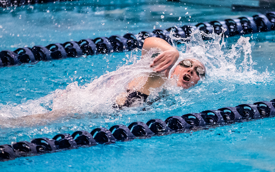 Sophomore Catie Lovett swims in the 50-yard freestyle during a double dual meet with Goucher College and Susquehanna University at Liberty High School's Memorial Pool earlier this season. Photo by Cosmic Fox Media / Matthew Levine '11