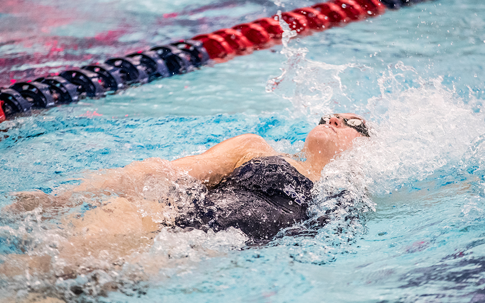 Senior Marissa Werner swims in the 100-yard backstroke during a double dual meet with Goucher College and Susquehanna University at Liberty High School's Memorial Pool earlier this season. Photo by Cosmic Fox Media / Matthew Levine '11