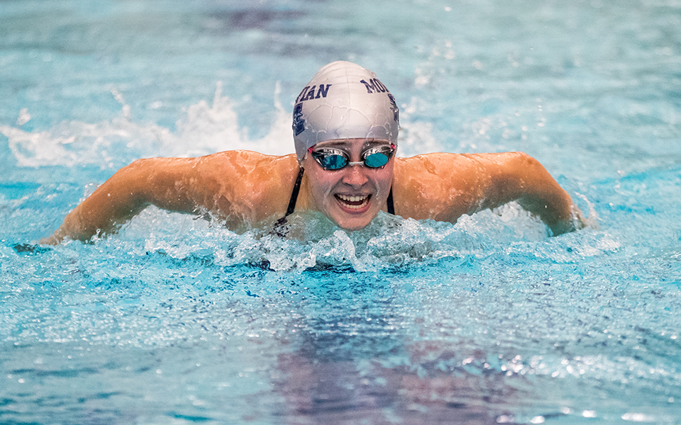 Senior Sarah Mazzetti swims versus Immaculata University at Liberty High School's Memorial Pool to open the 2024-25 season. Photo by Cosmic Fox Media / Matthew Levine '11