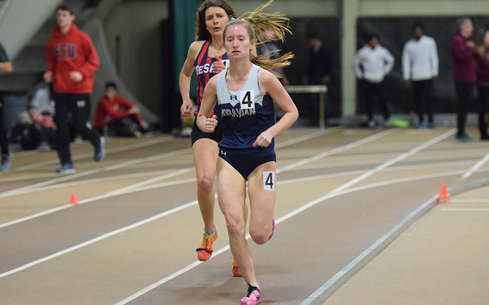 Sophomore Natalie Novotniu runs to the win in the 3,000 meters in the Moravian Indoor Invitational at Lehigh University's Rauch Fieldhouse.