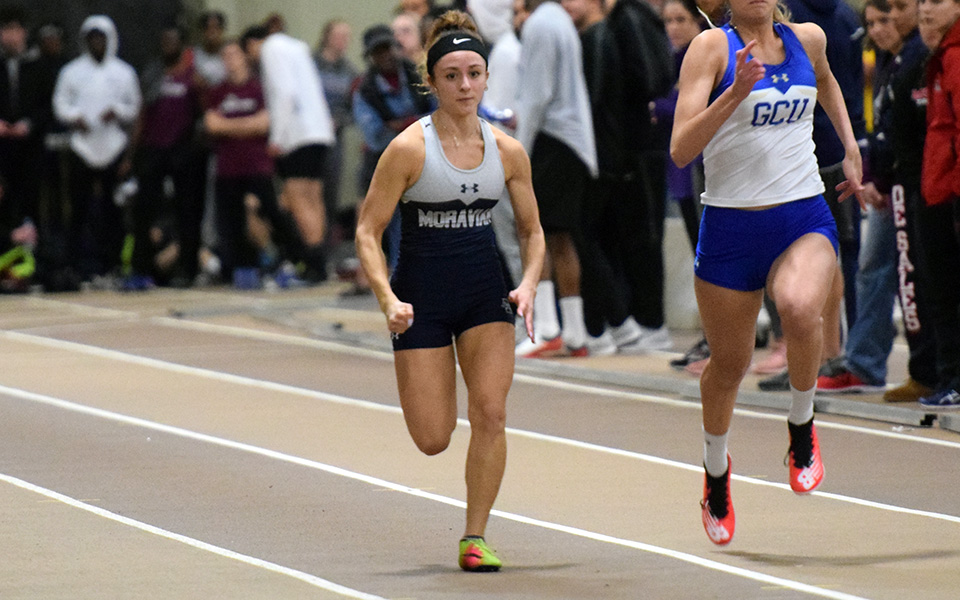 Sophomore Camaryn Wheeler runs in the 60-meter dash during the Moravian Indoor Invitational at Lehigh University.