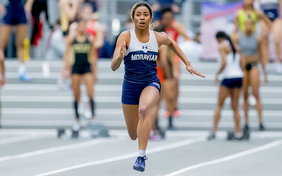 Sophomore Amanda Crooks runs in the 60-meter dash during the Fastrack National Invitational at Ocean Breeze. Photo by Stockton Photo.