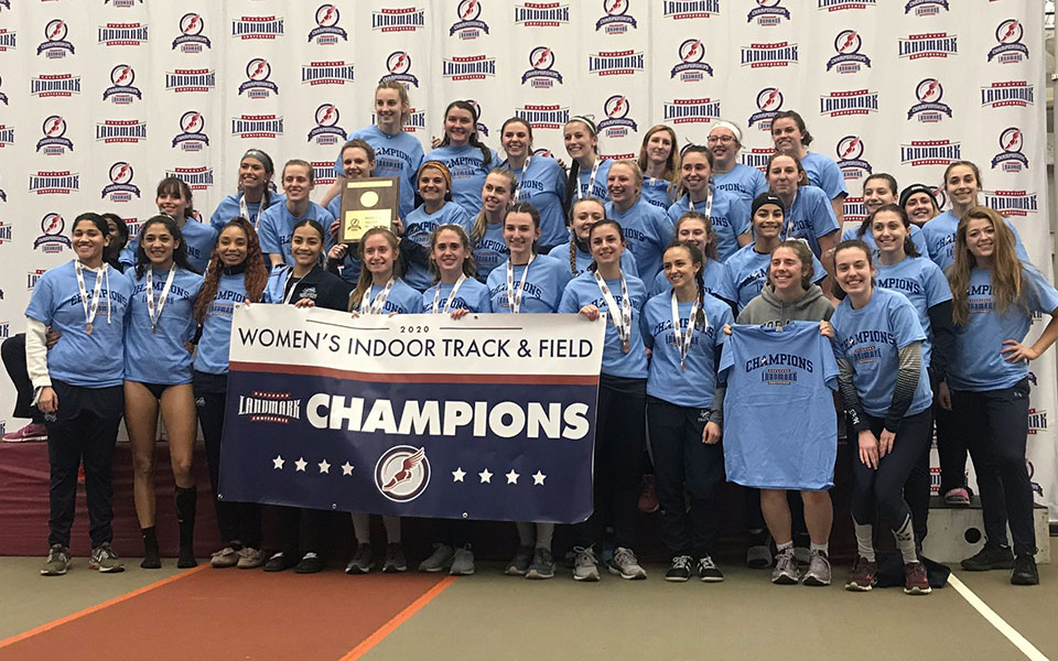 The Hounds celebrate their third straight and 12th overall Landmark Conference Indoor title at Susquehanna University.