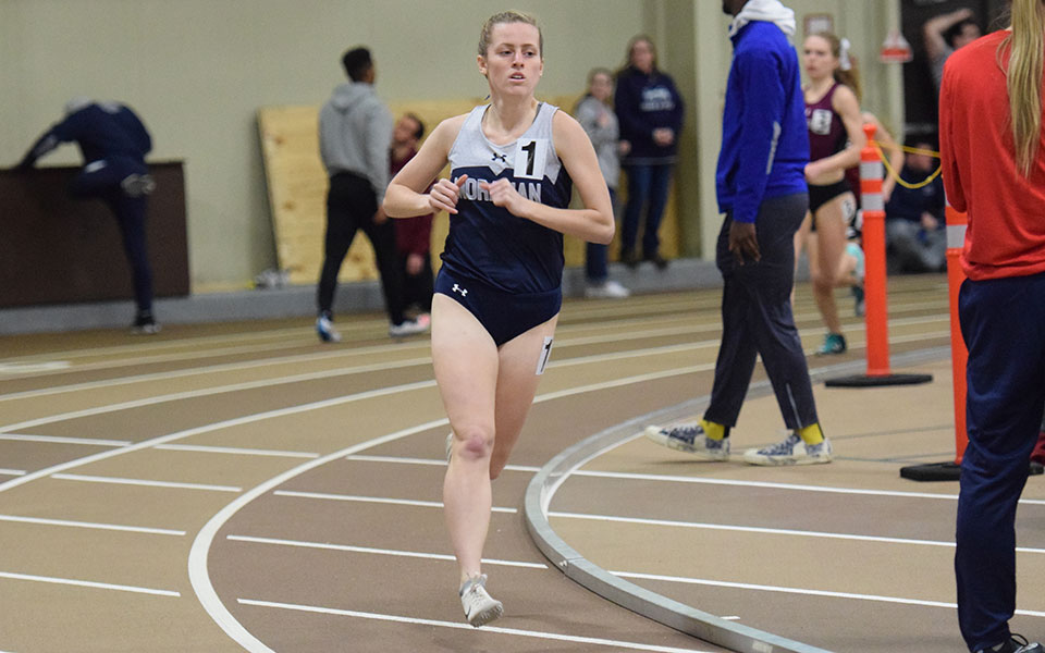 Senior Carly Danoski races during the Moravian Indoor Meet at Lehigh University's Rauch Field House.