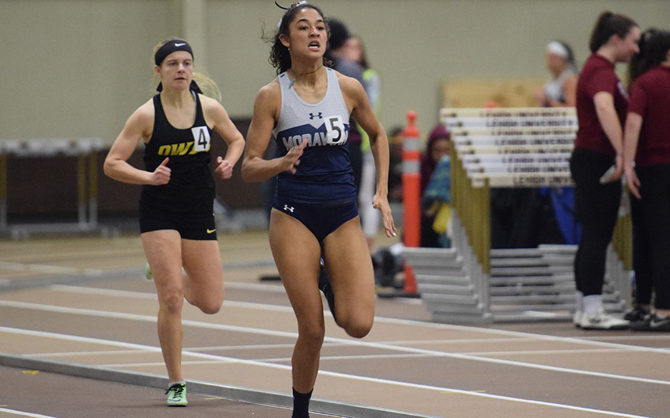 Freshman Crystal Robinson leads a race in the Moravian Indoor Meet at Lehigh University's Rauch Field House.
