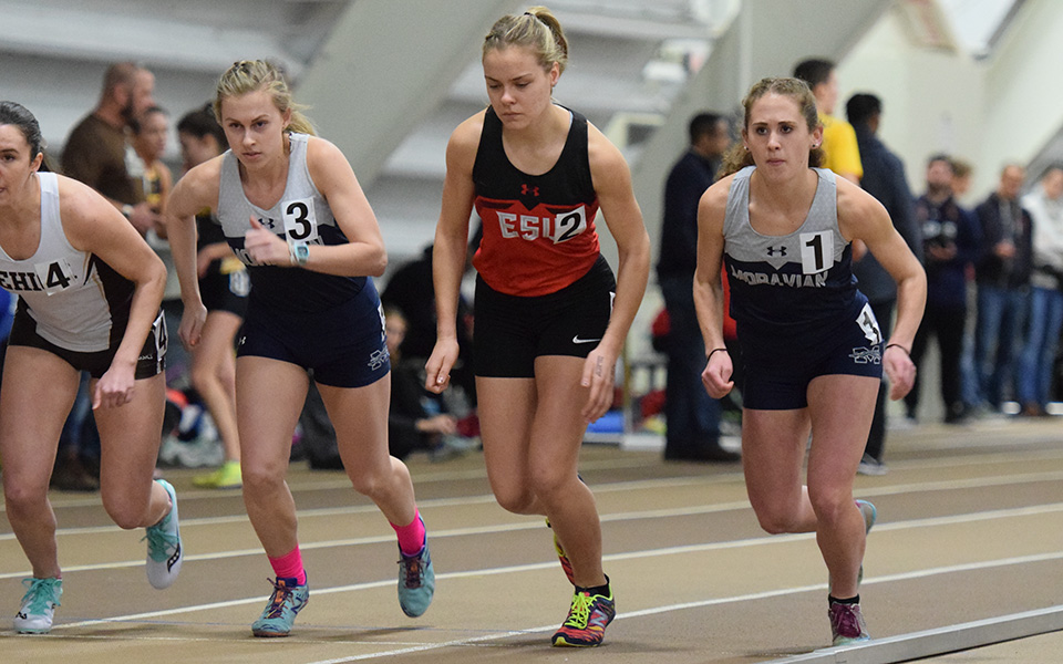Katie Mayer and Molly Talarico start a race in the 2019 Moravian College Indoor Invitational at Lehigh University's Rauch Fieldhouse.