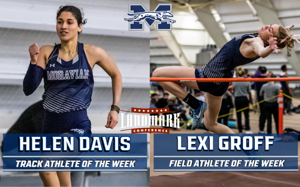 Helen Davis and Lexi Groff competing at Lehigh University's Rauch Fieldhouse in Landmark Conference Athlete of the Week graphic.