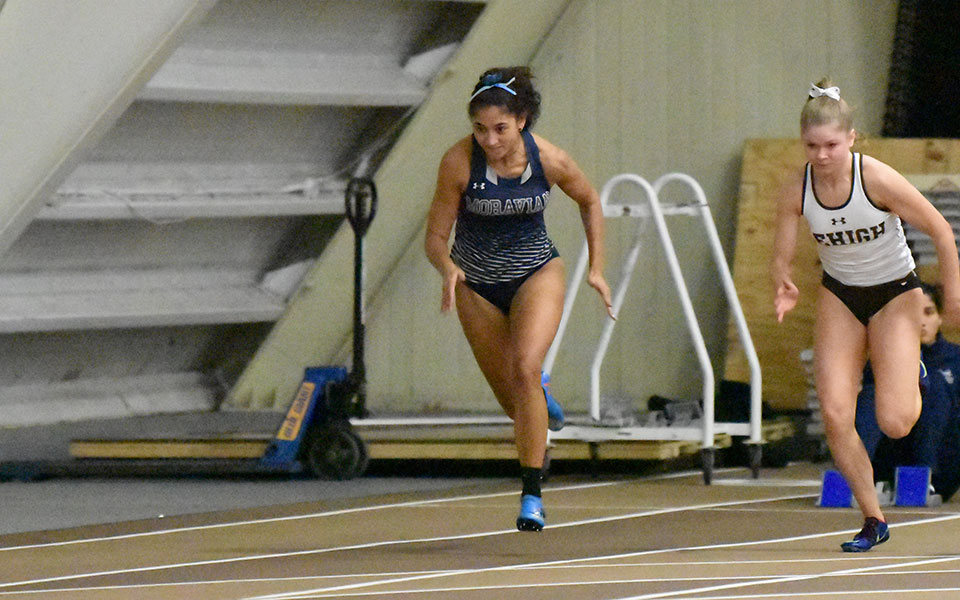 Junior Crystal Robinson starts her 60-meter dash race at the Lehigh University Fast Times Before Finals Meet at Rauch Fieldhouse in December 2021.