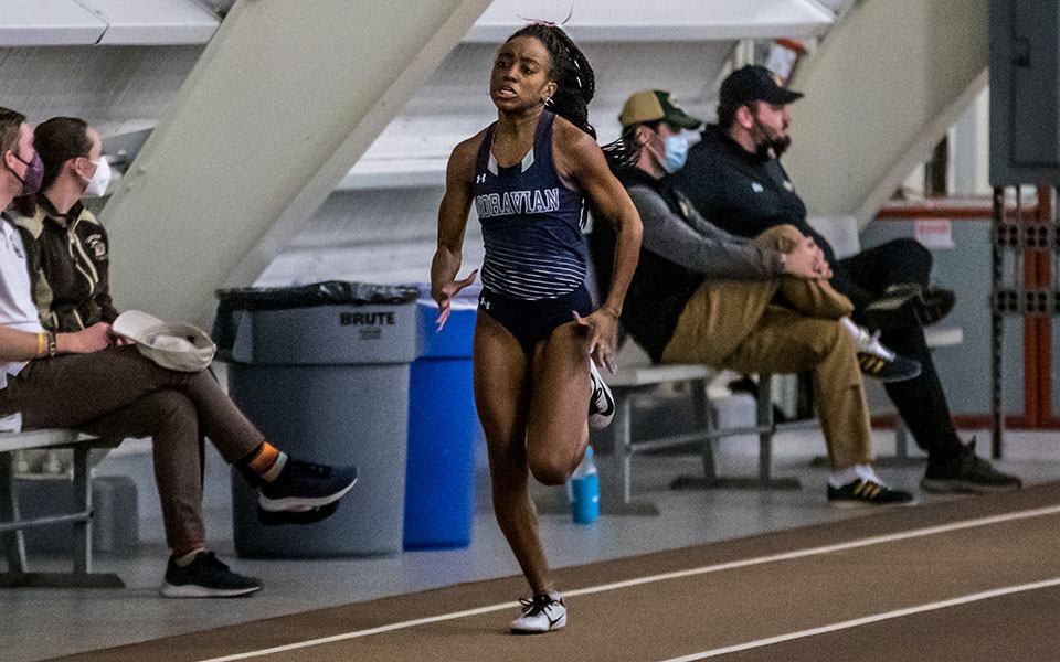 Freshman Zoey Bronson competes in the 60-meter dash in the Moravian Indoor Meet at Lehigh University's Rauch Fieldhouse. Photo by Cosmic Fox Media / Matthew Levine '11