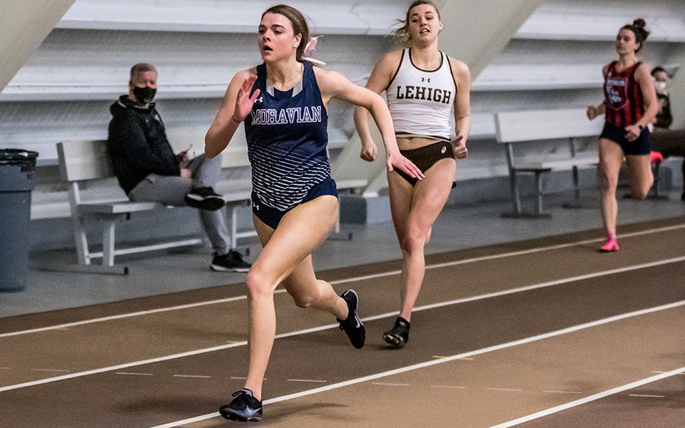 Freshman Abby Giamoni competes in the 60-meter dash during the Moravian Indoor Meet hosted at Lehigh University's Rauch Fieldhouse in January 2022. Photo by Cosmic Fox Media / Matthew Levine '11