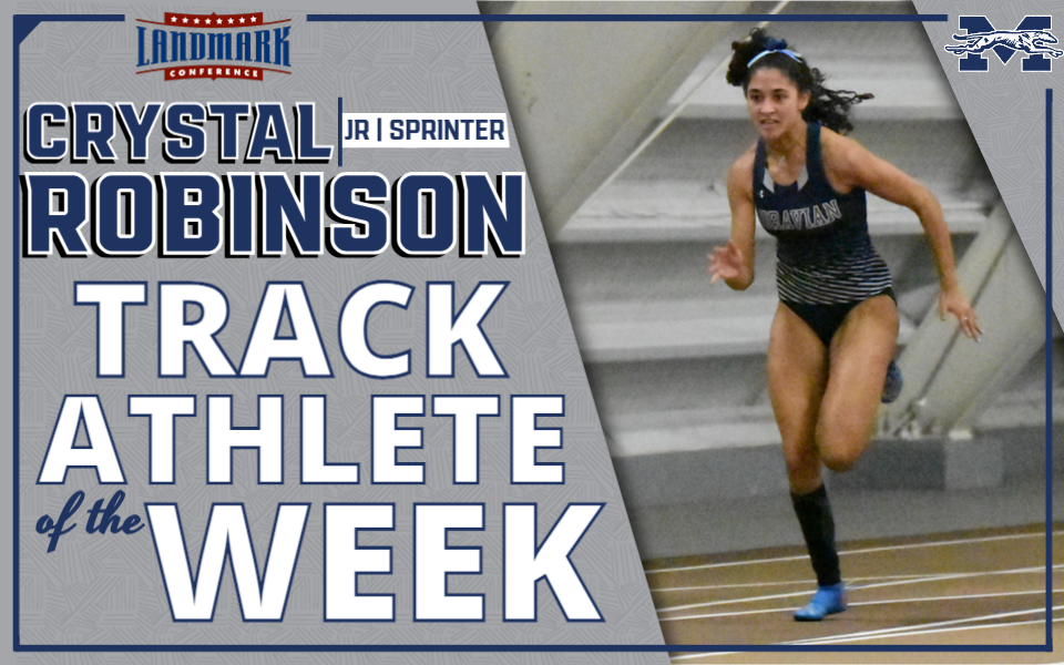 Crystal Robinson running at Lehigh University in Landmark Conference Athlete of the Week graphic