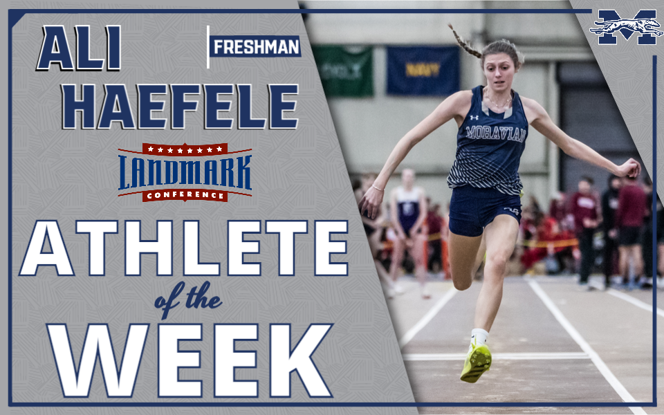 Ali Haefele competing in triple jump for Landmark Conference Athlete of the Week graphic