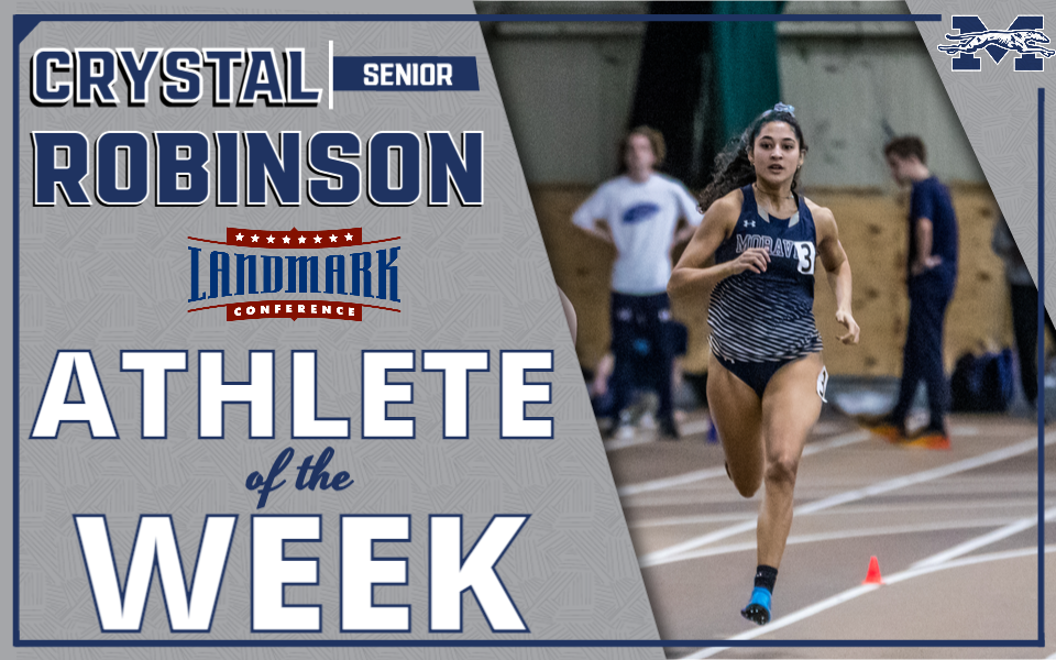 Crystal Robinson running for Landmark Conference Track Athlete of the Week graphic