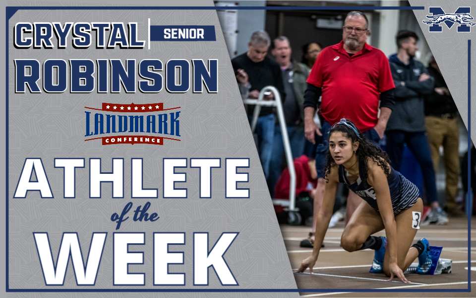 Crystal Robinson in the blocks for Landmark Conference Women's Track Athlete of the Week graphic.